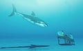 Man playing piano under water to a shark .