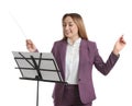 Music teacher with baton and note stand on white background Royalty Free Stock Photo