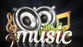 Music text speakers, music notes and equalizer. 3D illustration Royalty Free Stock Photo