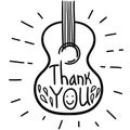 Music Thanks card with guitar and text. Hand draw black graphic illustration