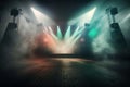 Music or theater stage illuminated with colored halogen lights. Strong spotlight with smoky room. Empty concert hall. Royalty Free Stock Photo