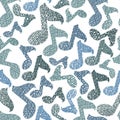 Music theme seamless pattern, musical notes repeating vector background, with hand drawn lines textures.