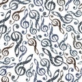 Music theme seamless vector background with clefs, seamless pattern with hand drawn lines textured. Royalty Free Stock Photo