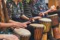 Music therapy concept, a group of people playing different types of musical instruments, music healing Royalty Free Stock Photo