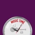Music Time. White Vector Clock with Motivational Slogan. Analog Metal Watch with Glass. Guitar Icon