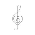 Music treble clef with heart love, continuous one art line drawing. Music concept. Hand drawn doodle sketch. Vector Royalty Free Stock Photo