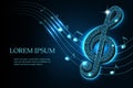 Music treble clef and notes in swirl on a dark blue starry sky background in polygonal style, mockup layout for design, vector ill