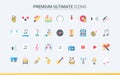 Music trendy flat icons set, acoustic instruments, notes and musical digital symbols