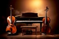 music trio instrument with piano, violin and cello with brown and lighting Generative AI Royalty Free Stock Photo