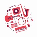 Music, vector flat illustration, icon set. Guitar, turntable, note, trumpet, headphones, drum, radio, maracas, piano Royalty Free Stock Photo