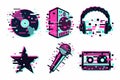 Music vector icon set. Glitch audio sign collection. Sound equipment. Design elements isolated on white.