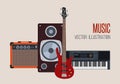 Music vector illustration design. Sound speaker, bass guitar, amplifier, synthesizer in flat style.