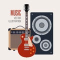 Music vector illustration design. Sound speaker, electric guitar and amplifier in flat style. Royalty Free Stock Photo