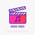 Music video thin line icon: cinema flapper with music note. Modern vector illustration for logo