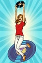 Music and vinyl. Joyful young woman jumping up Royalty Free Stock Photo