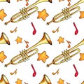 Music watercolor illustration with trumpet, notes, stars. Seamless pattern, hand drawn sketch