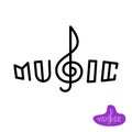 Music word logo with treble clef in a center.