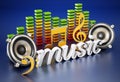 Music word, speakers, music notes and equalizer. 3D illustration Royalty Free Stock Photo