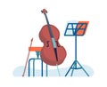 Musical acoustic instrument. Learning to play cello. Music stand and chair. Orchestra performance. Jazz band. Musician