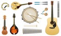 Musical acoustic instruments. String Guitar Ukulele Drums Metallophone Domra Balalaika or Mandolin. Set of elements for