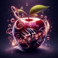 Musical Apple: 3D Rendered Fruit with Piano Keys and Guitar Strings Royalty Free Stock Photo