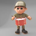 Musical army soldier playing the marching drum, 3d illustration