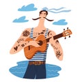 Musical art with cartoon sailor character playing guitar