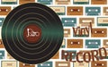 Musical audio is an old vintage retro hipster antique vinyl record and an inscription vinyl record on the background of the 60`s Royalty Free Stock Photo