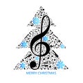 Musical background with Christmas tree of notes and snowflakes Royalty Free Stock Photo