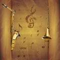 Musical Background saxophone and trumpet old musical sheets