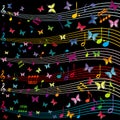 Musical background with stave and butterflies flying