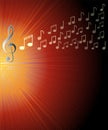 Musical background with treble clef and and notes on red rays area. Overlay for a concert program,