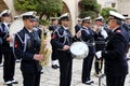 The musical band of the Italian Navy with winter uniform during a ceremony in Taranto, Puglia, Italy