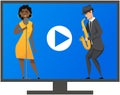 Musical band perform with jazz or blues on device monitor screen. Video with couple singing song