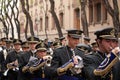 The musical band precedes the procession of the holy week,Seville,16-004-2017