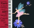 Musical banner. Abstract text on red background, piano keyboards and little winged fairy-ballerina in pink tutu on blue daisy.