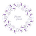 Musical bells. Campanula bell. Vector flowers frame, border. Purple Campanula bells, musical notes.