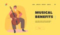 Musical Benefits Landing Page Template. Musician Boy Character Play Cello or Contrabass String Instrument