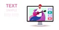 Musical blogger playing guitar live streaming blogging concept guitarist sitting on beanbag monitor screen video player