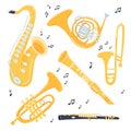 Musical brass Instruments collection. Jazz gold objects. Trumpet and saxophone, trombone and flute, clarinet and French Royalty Free Stock Photo