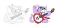 Musical cartoon animal. Childish cat with guitar. Coloring book page for kids Royalty Free Stock Photo