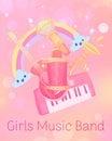 Musical children toys for girs vector illustration. Toy store, kindergarten kids games. Musical synthesizer with trumpet Royalty Free Stock Photo