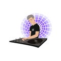 Young DJ with hand on desk mixing music with purple light chaser behind his shoulders on white