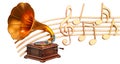 Musical concept. Gramophone with music notes, 3d rendering