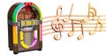 Musical concept. Jukebox with music notes, 3d rendering Royalty Free Stock Photo