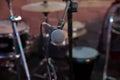 Musical Concept. recording, selective focus microphone in radio studio, selective focus microphone and blur musical equipment