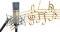 Musical concept. Studio microphone with music notes, 3d rendering Royalty Free Stock Photo