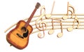 Musical concept. Wooden guitar with music notes, 3d rendering