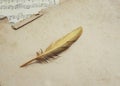 Musical conceptual composition of the symbol of the golden feather of a bird and background music of old yellowed paper with notes Royalty Free Stock Photo