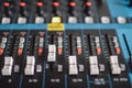 Musical control panel with sliders. Analog sound mixer or console